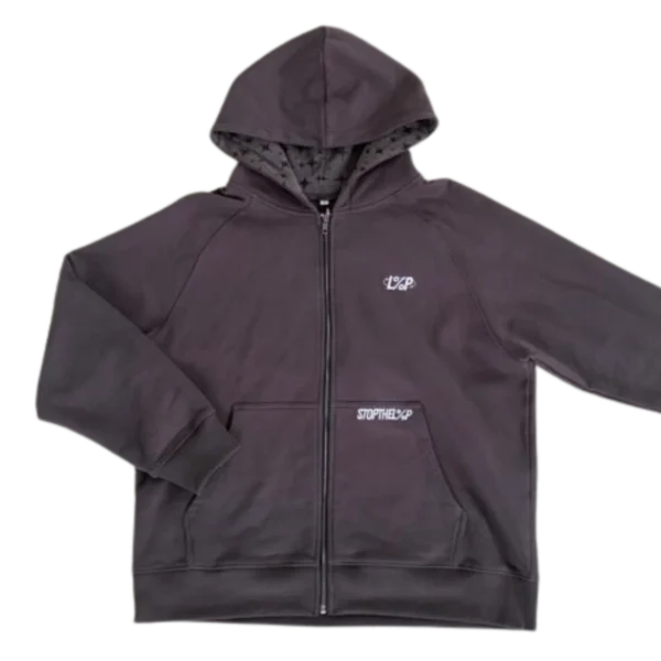 Stars Hoodie in dark grey, flat lay with the zip closed